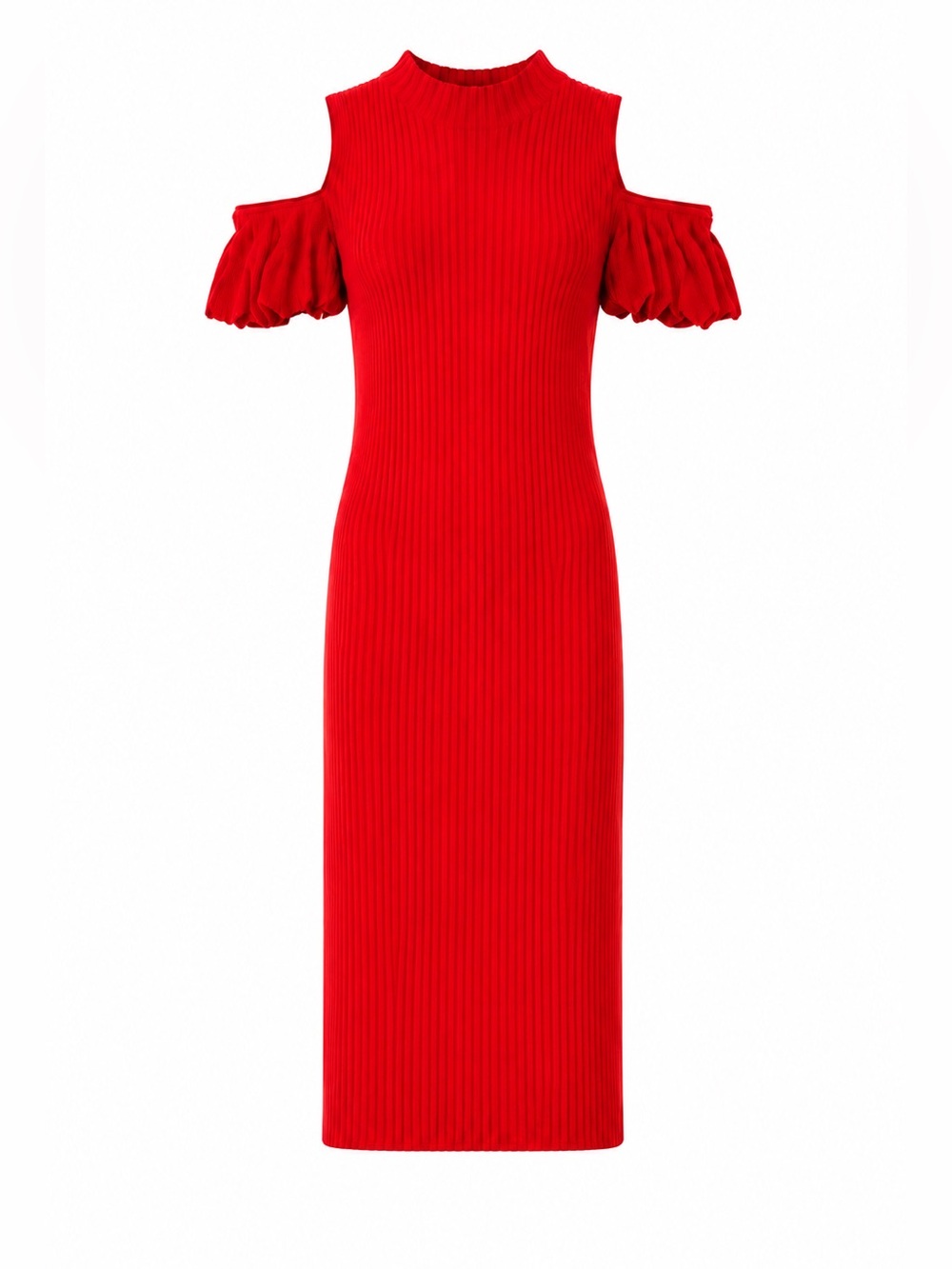 Renvy Red Cold-Shoulder Ribbed Midi Dress